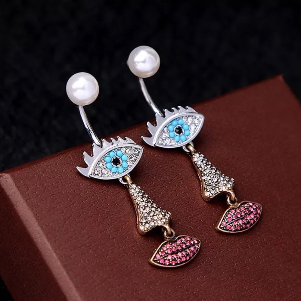 Pearl Dangle Eye Nose Lips Earrings